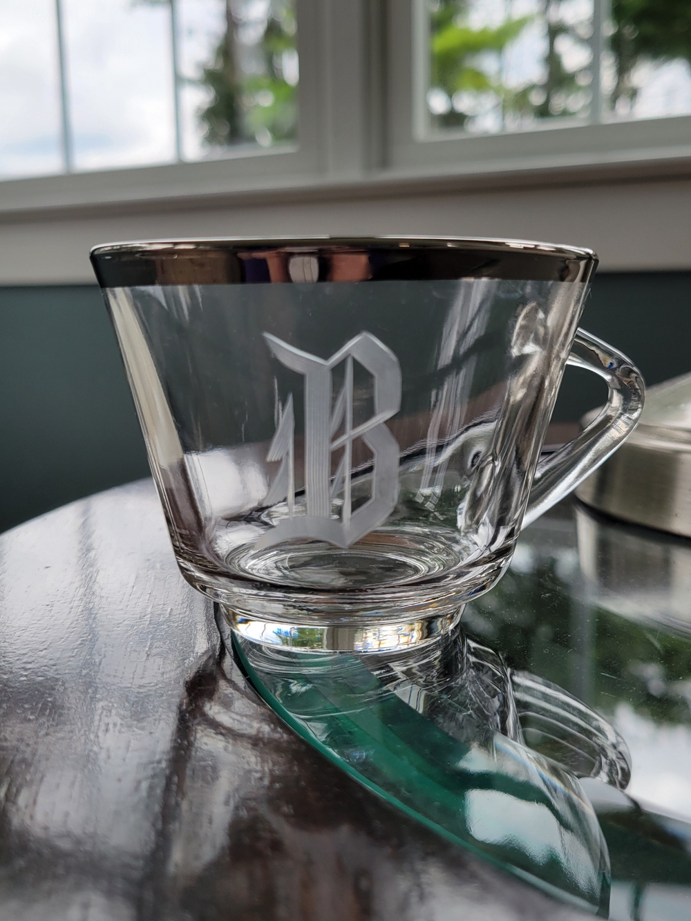 18 Vintage 1940's Monogrammed Glass Tea Cup with Silver Rim - Clear